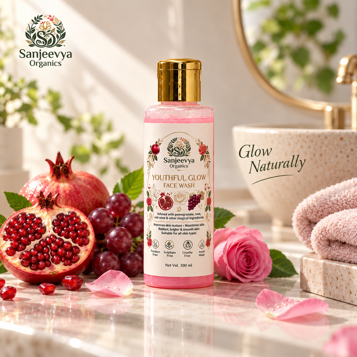 Youthful Glow Face Wash with Pomegranate & Rose | Sanjeevya Organics