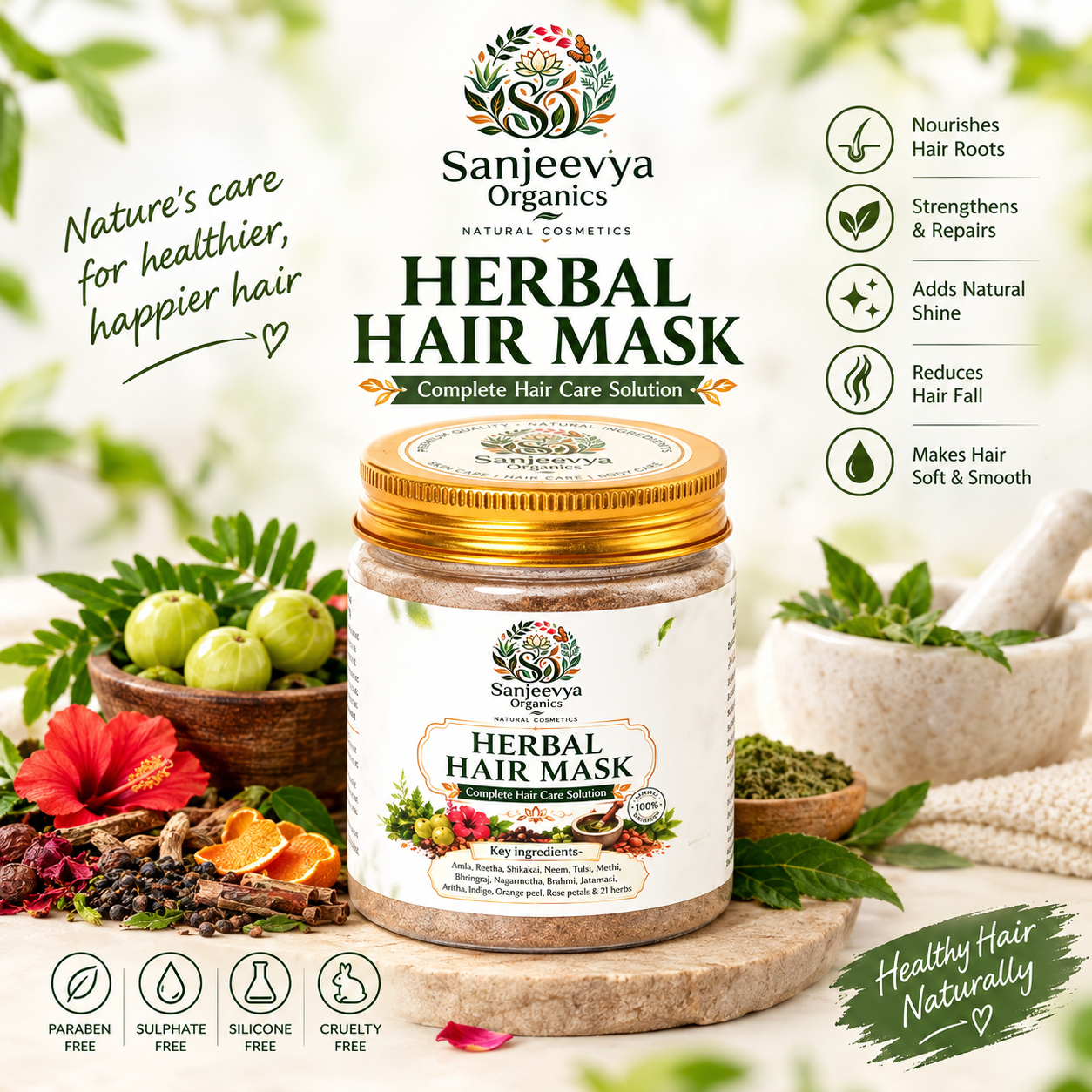 Herbal Hair Mask for Hair Fall, Frizz & Damaged Hair | Sanjeevya Organics