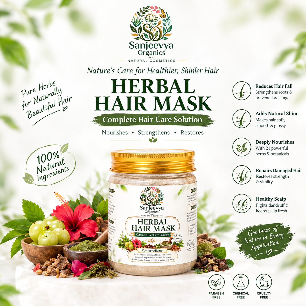 Herbal Hair Mask for Hair Fall, Frizz & Damaged Hair | Sanjeevya Organics