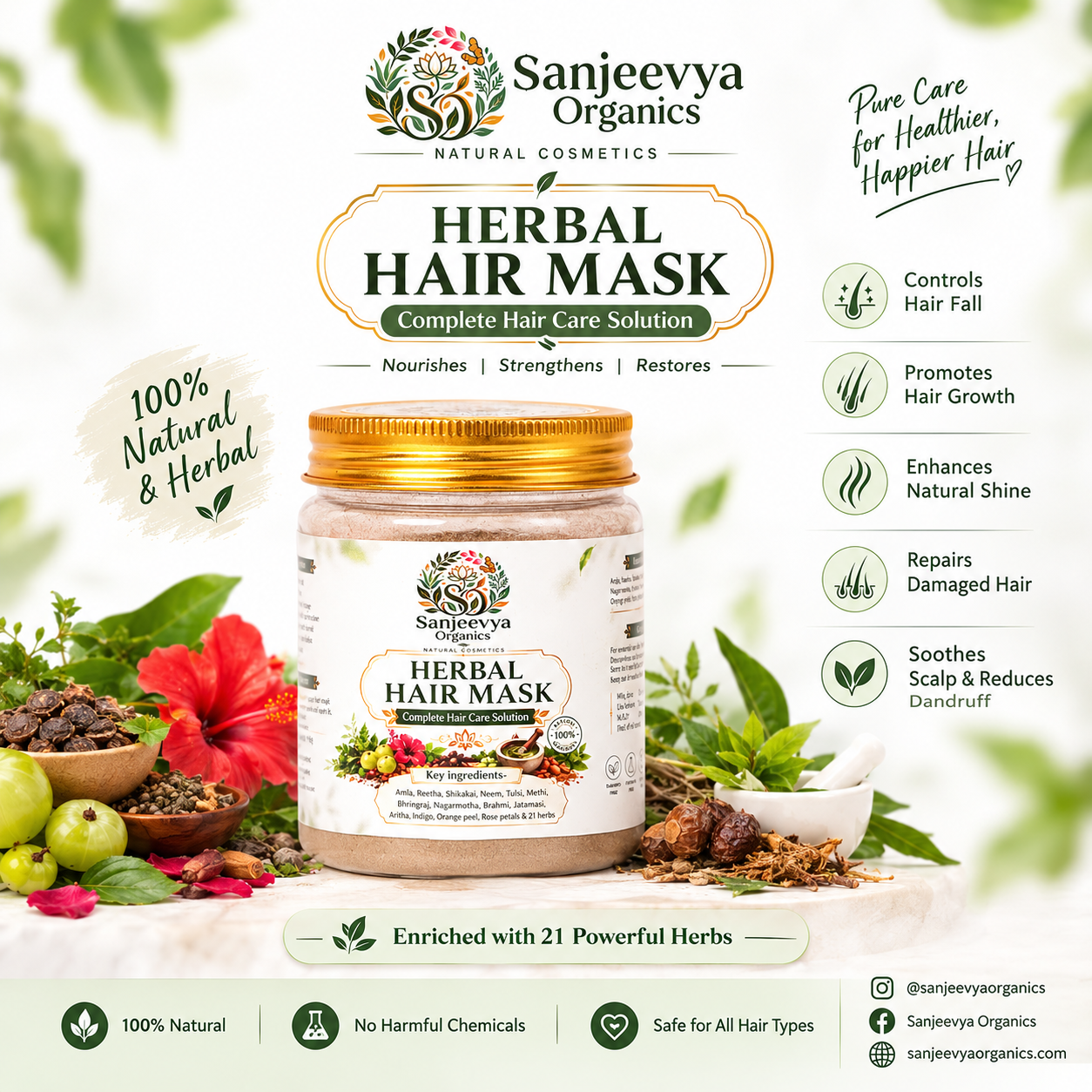 Herbal Hair Mask for Hair Fall, Frizz & Damaged Hair | Sanjeevya Organics