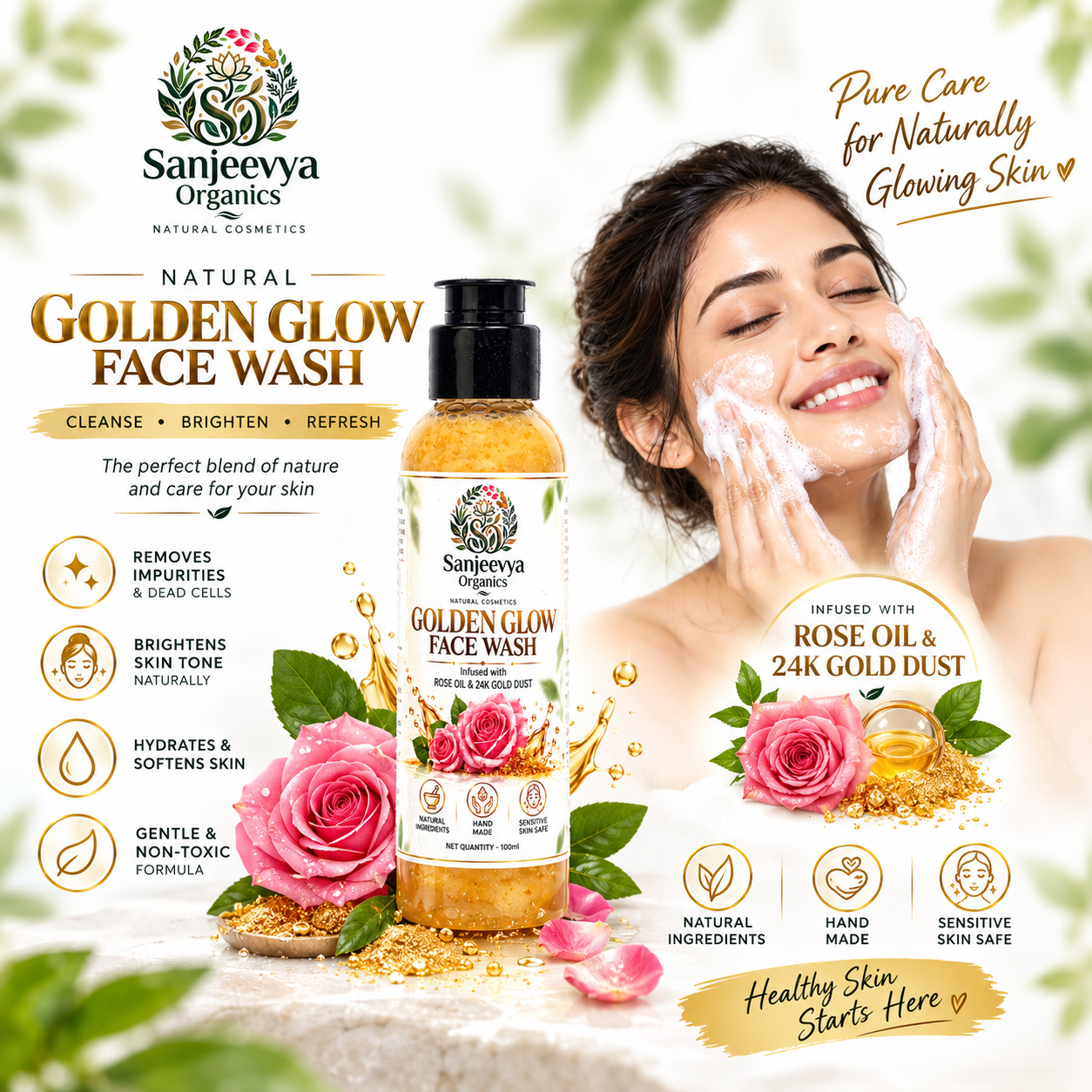 Golden Glow Face Wash with Rose Oil & 24K Gold Dust | Sanjeevya Organics