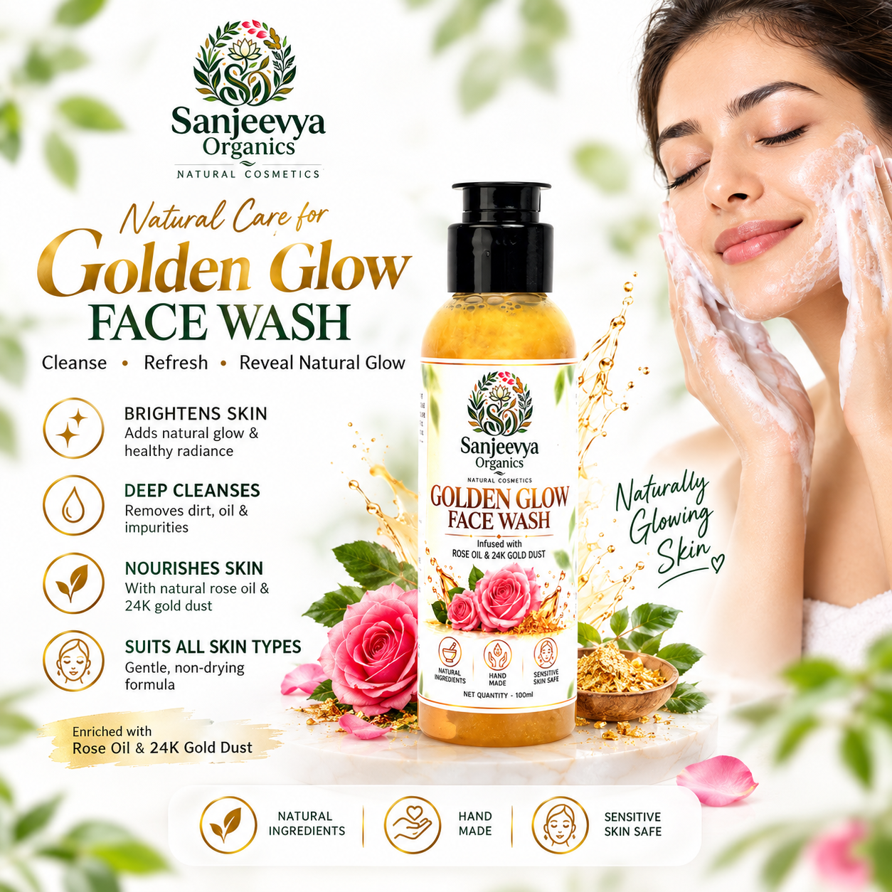 Golden Glow Face Wash with Rose Oil & 24K Gold Dust | Sanjeevya Organics