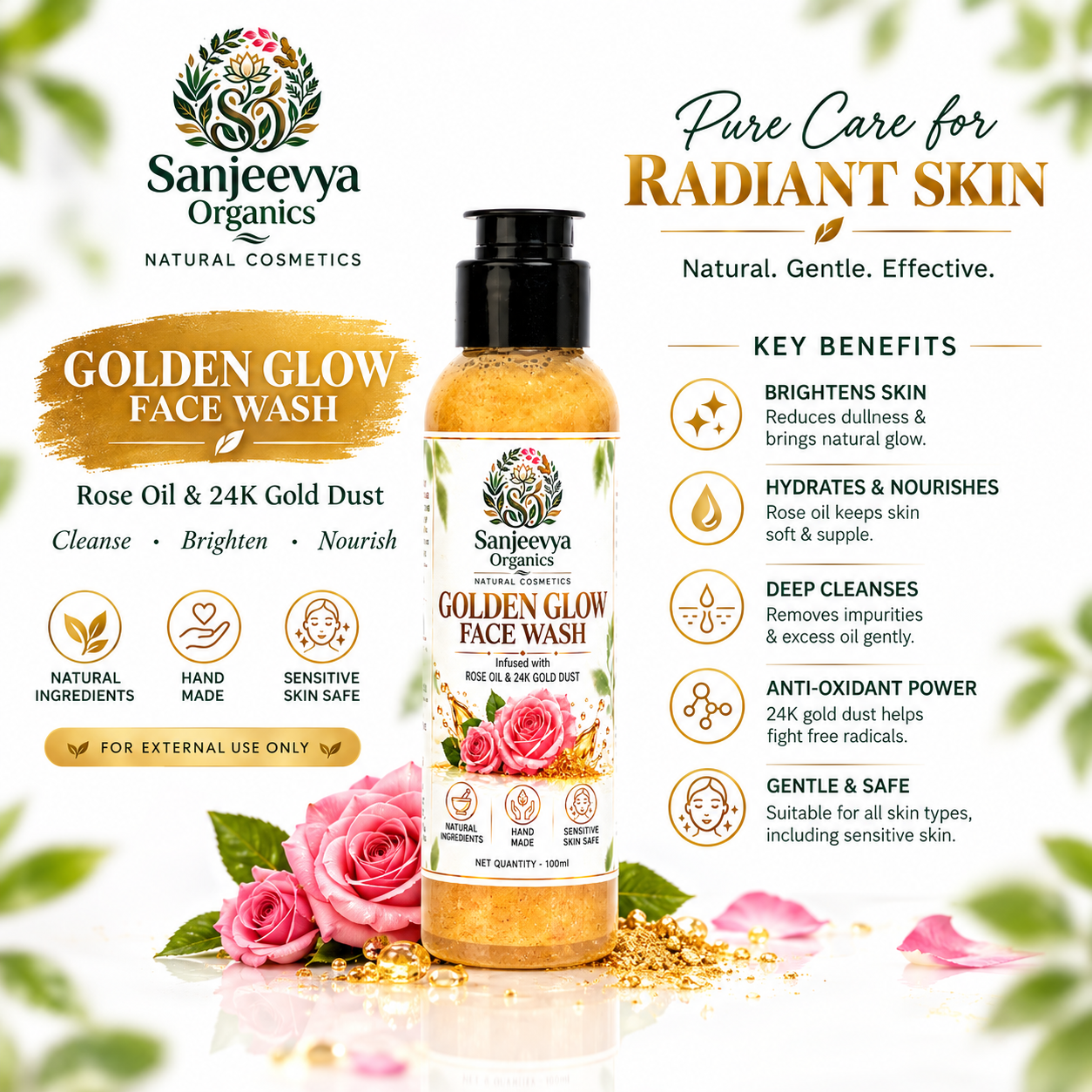 Golden Glow Face Wash with Rose Oil & 24K Gold Dust | Sanjeevya Organics