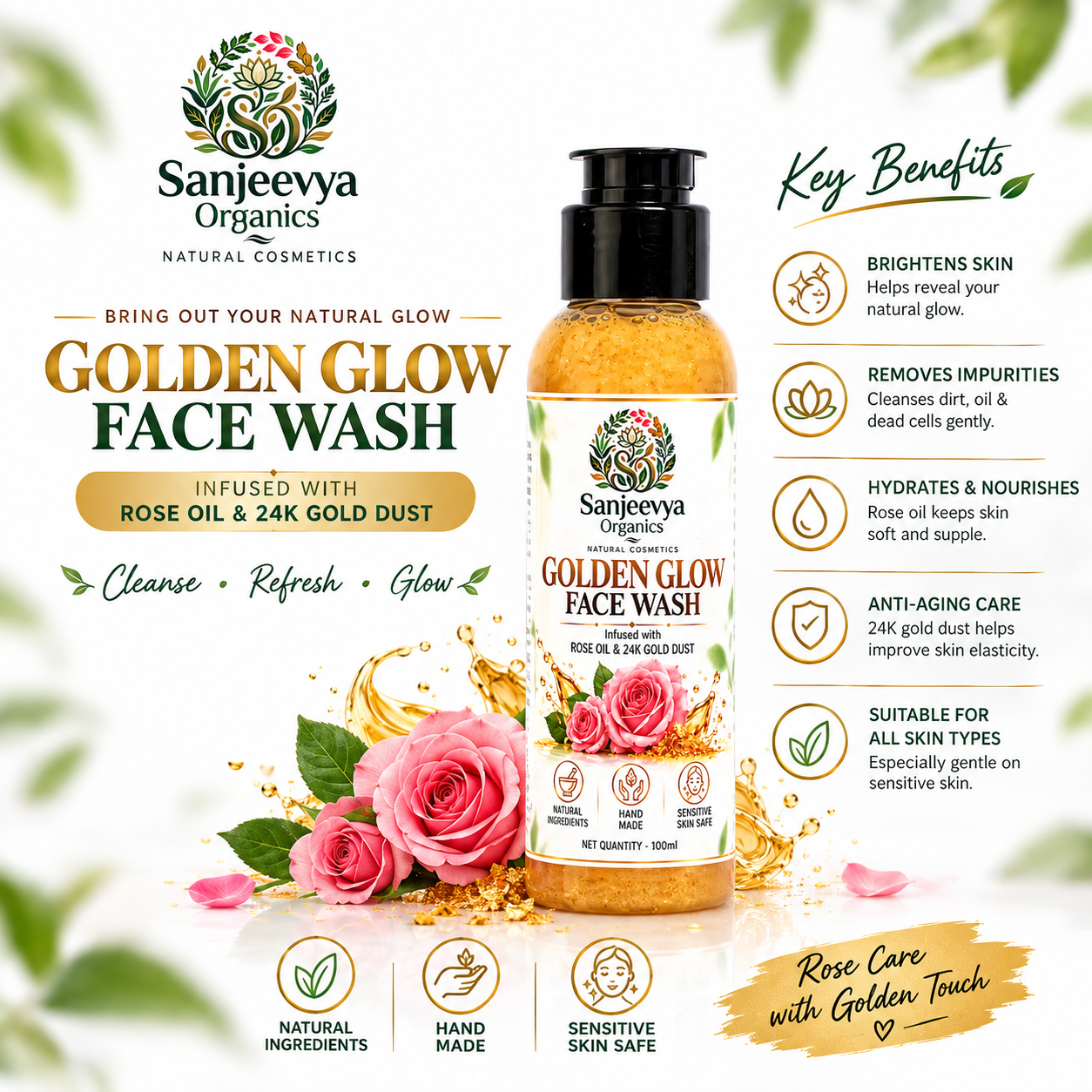 Golden Glow Face Wash with Rose Oil & 24K Gold Dust | Sanjeevya Organics
